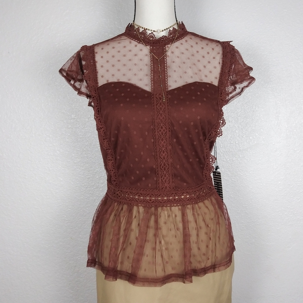 HAUTE MONDE Mocha Peplum Mesh Dot Top